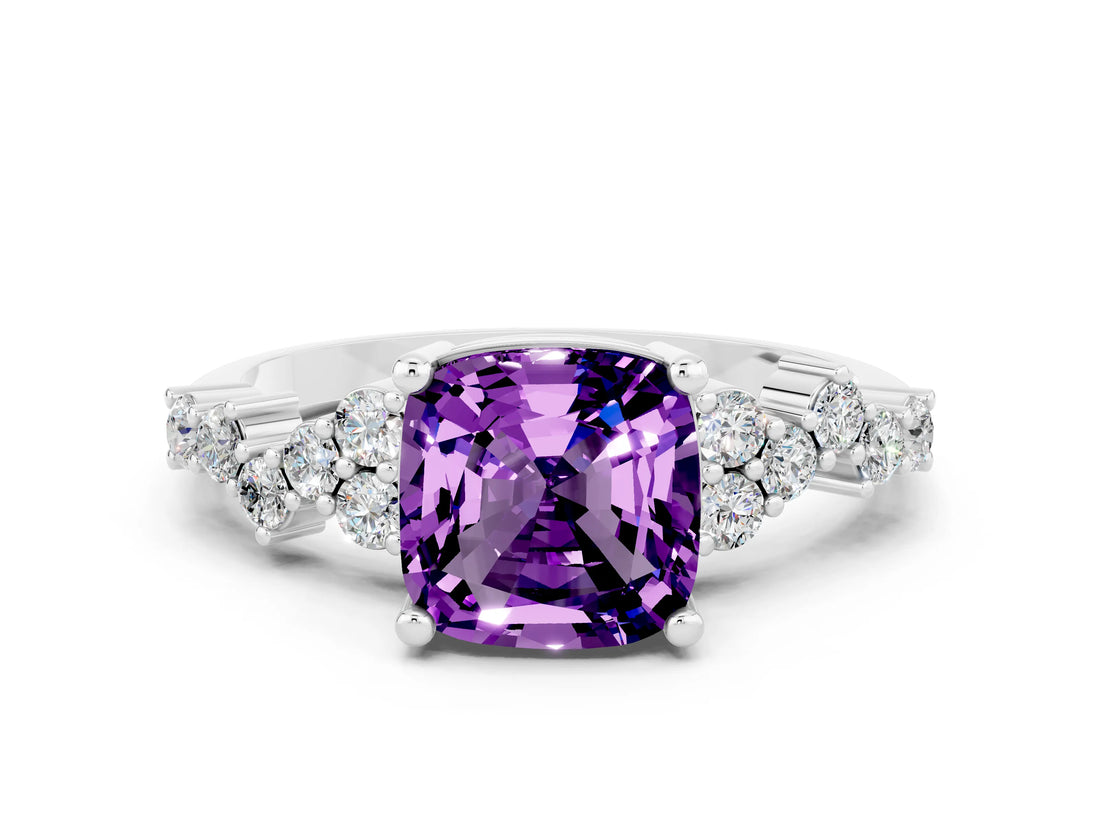 Silver Cushion Cut Amethyst Scattered Round Accent Ring with Prong Setting_66