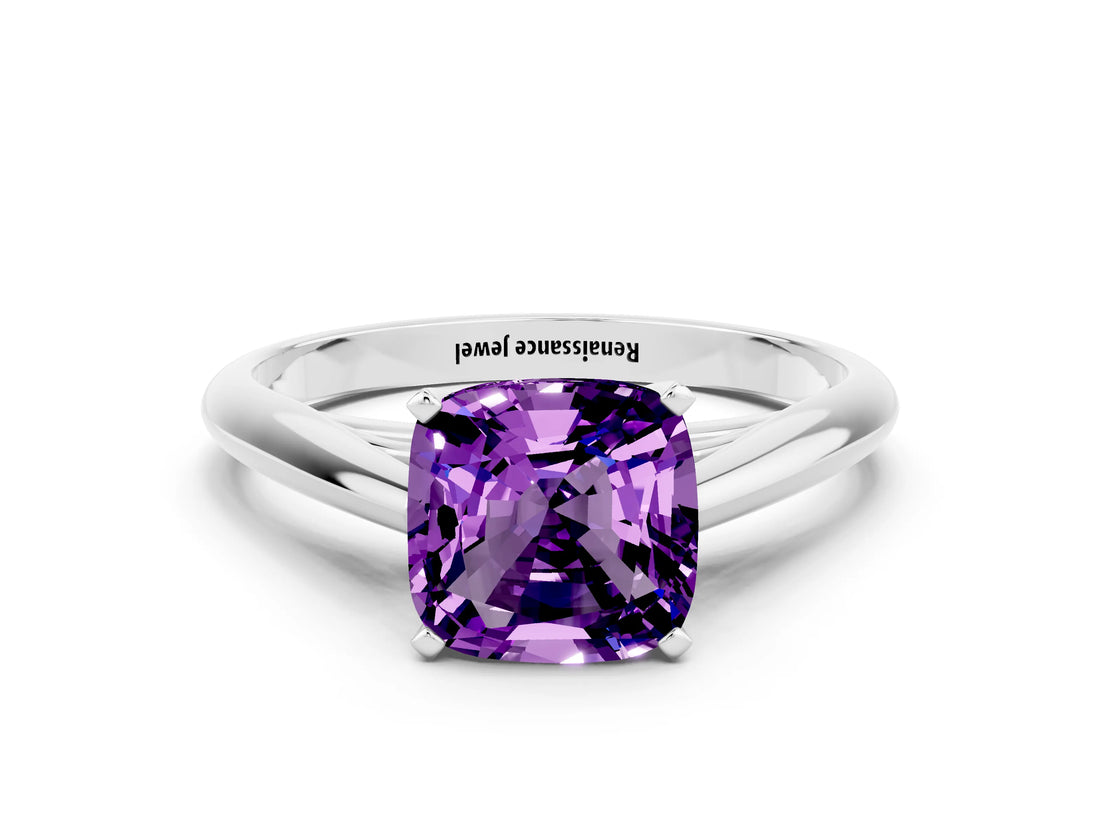 Silver Cushion Cut Amethyst Solitaire Engagement Ring with Cathedral Setting and Four-Prong Mount