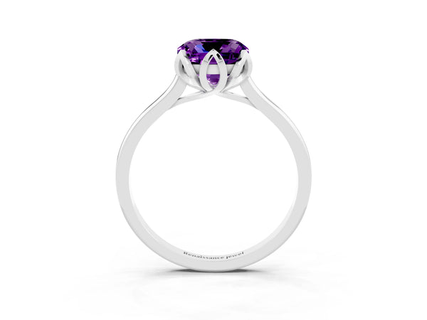 Sterling Silver Cushion Cut Amethyst Floral Solitaire Engagement Ring with Plain Band