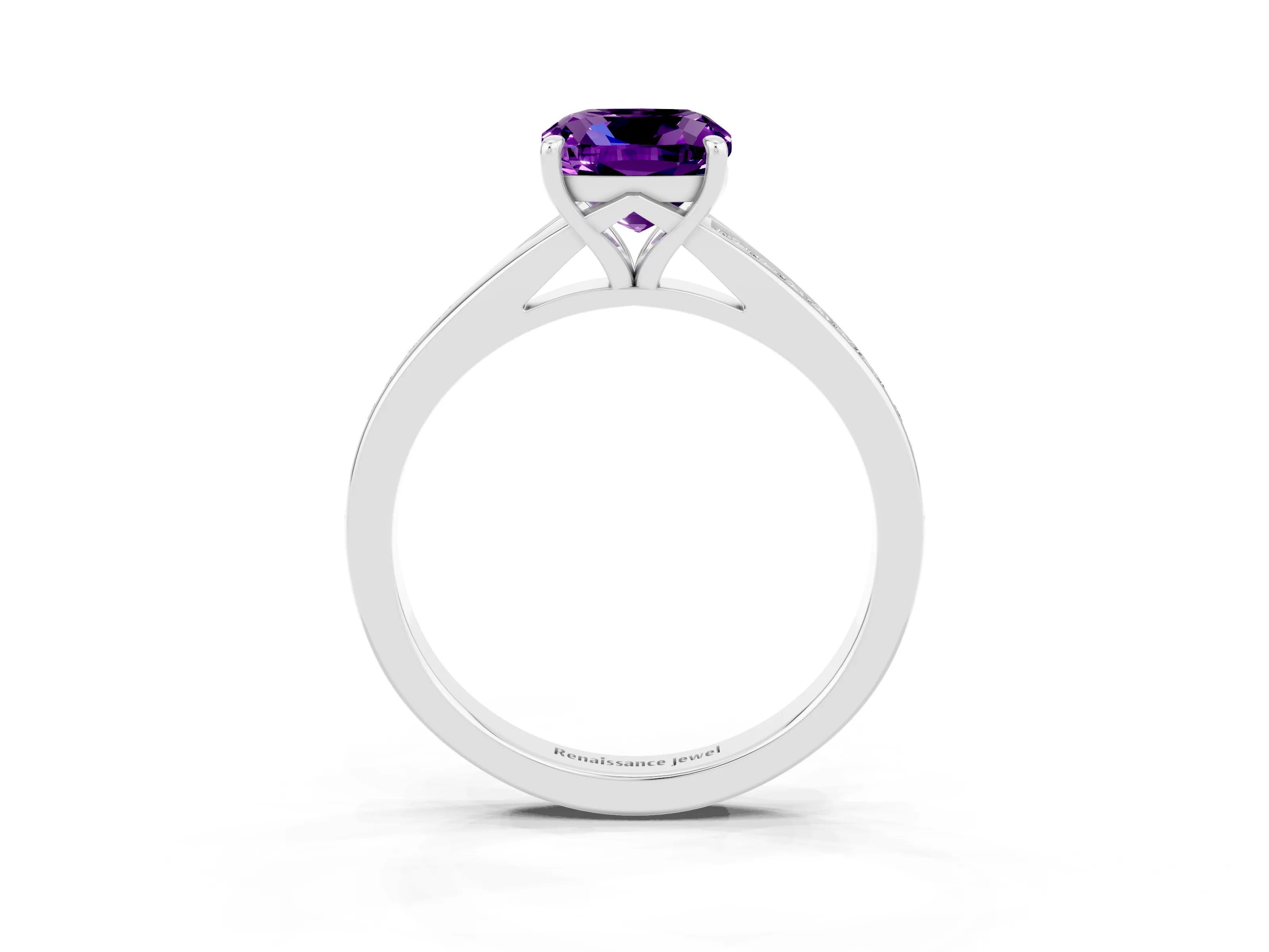 Silver Cushion Cut Amethyst Solitaire Ring with Pavé Band and Prong Setting_15