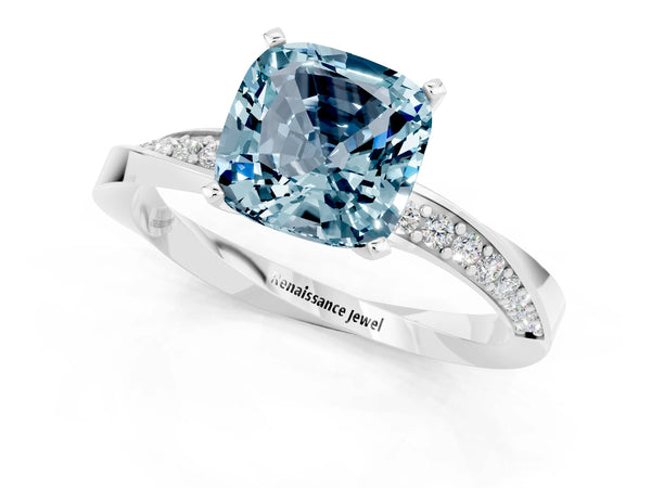Silver Cushion Cut Aquamarine Engagement Ring with Side Stone Accents and Four-Prong Setting