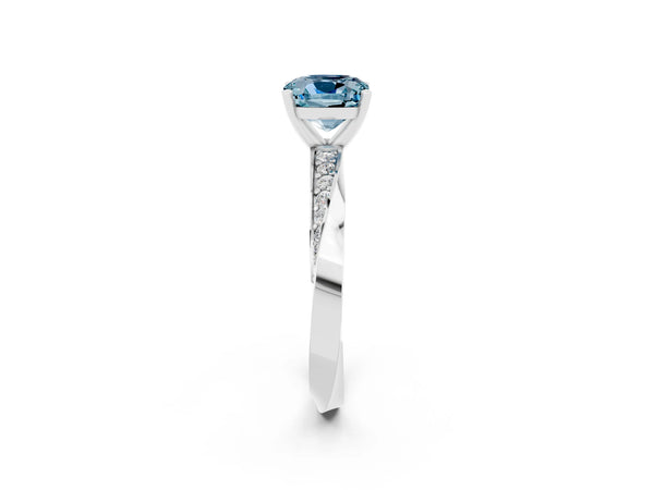 Silver Cushion Cut Aquamarine Engagement Ring with Side Stone Accents and Four-Prong Setting