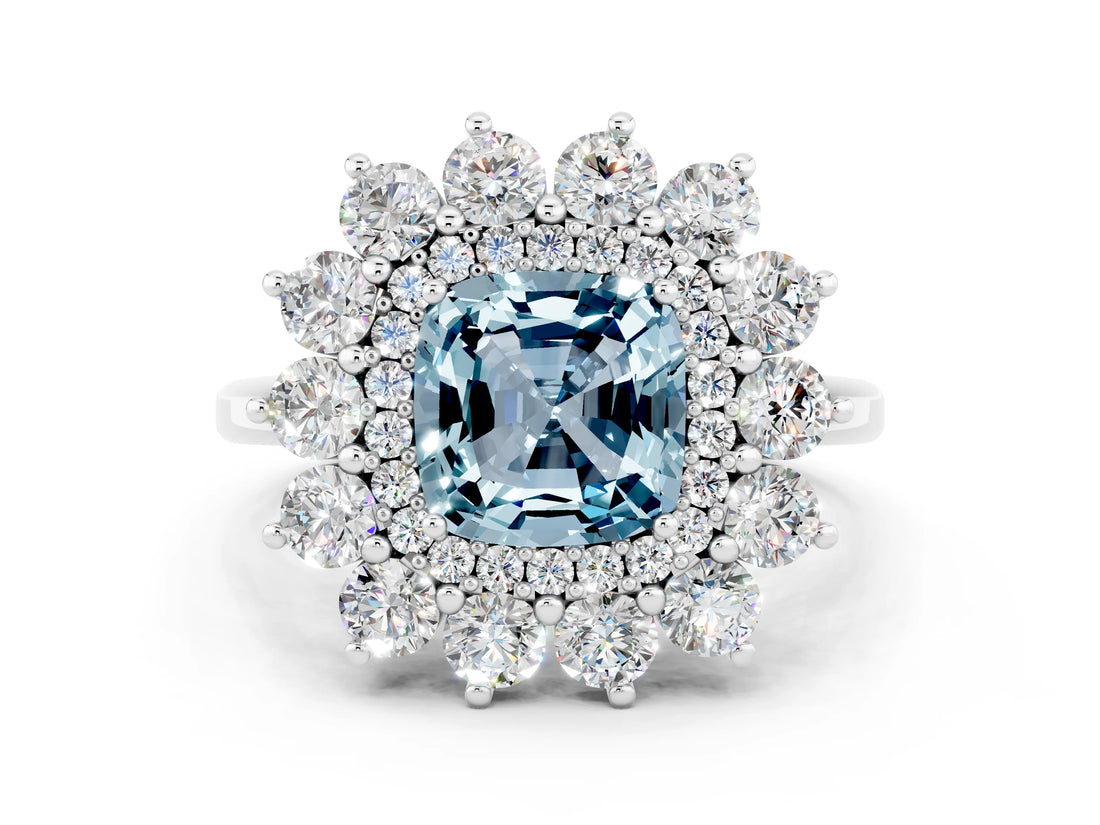 Silver Cushion Cut Aquamarine Floral Double Halo Engagement Ring with Prong Setting_138