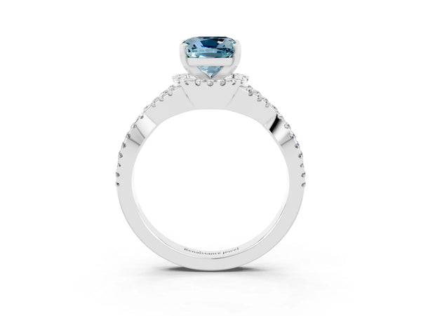 Silver Cushion Cut Aquamarine  Halo Twist Band Solitaire Prong Setting Ring