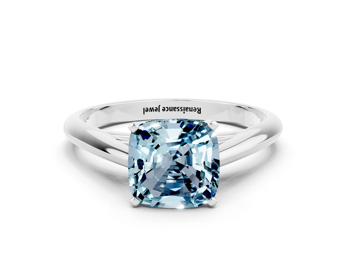 Silver Cushion Cut Aquamarine Solitaire Engagement Ring with Cathedral Setting and Four-Prong Mount_12
