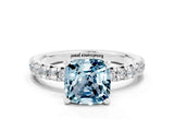 Silver Cushion Cut Aquamarine Solitaire Pavé Engagement Ring with Round Band and Prong Setting_108