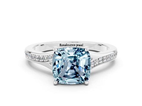 Silver Cushion Cut Aquamarine Solitaire Ring with Pavé Band and Prong Setting_12