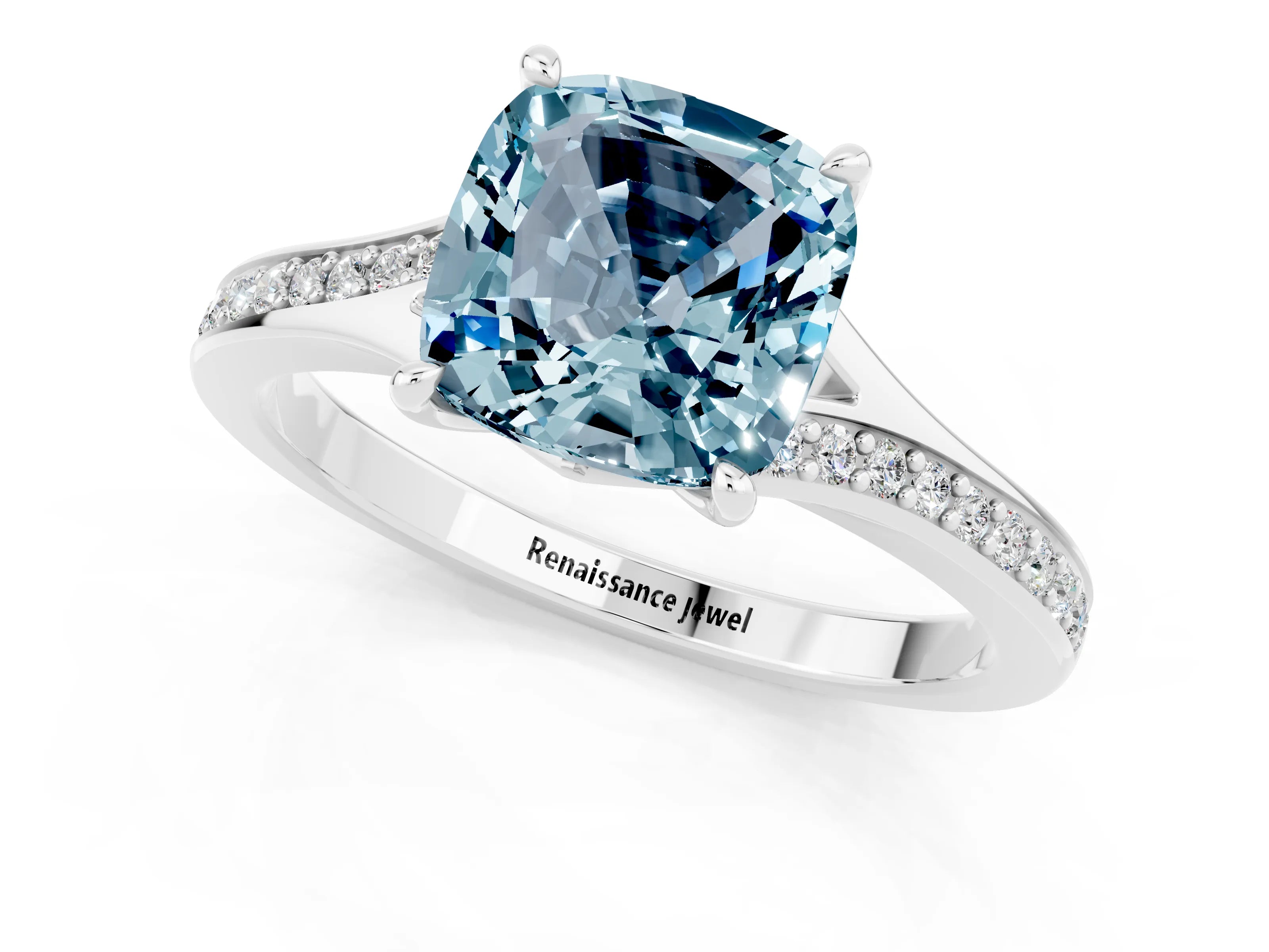 Silver Cushion Cut Aquamarine Solitaire Ring with Pavé Band and Prong Setting_13