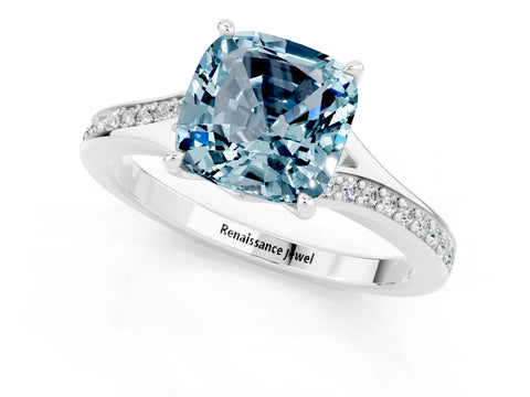 Silver Cushion Cut Aquamarine Solitaire Ring with Pavé Band and Prong Setting_13