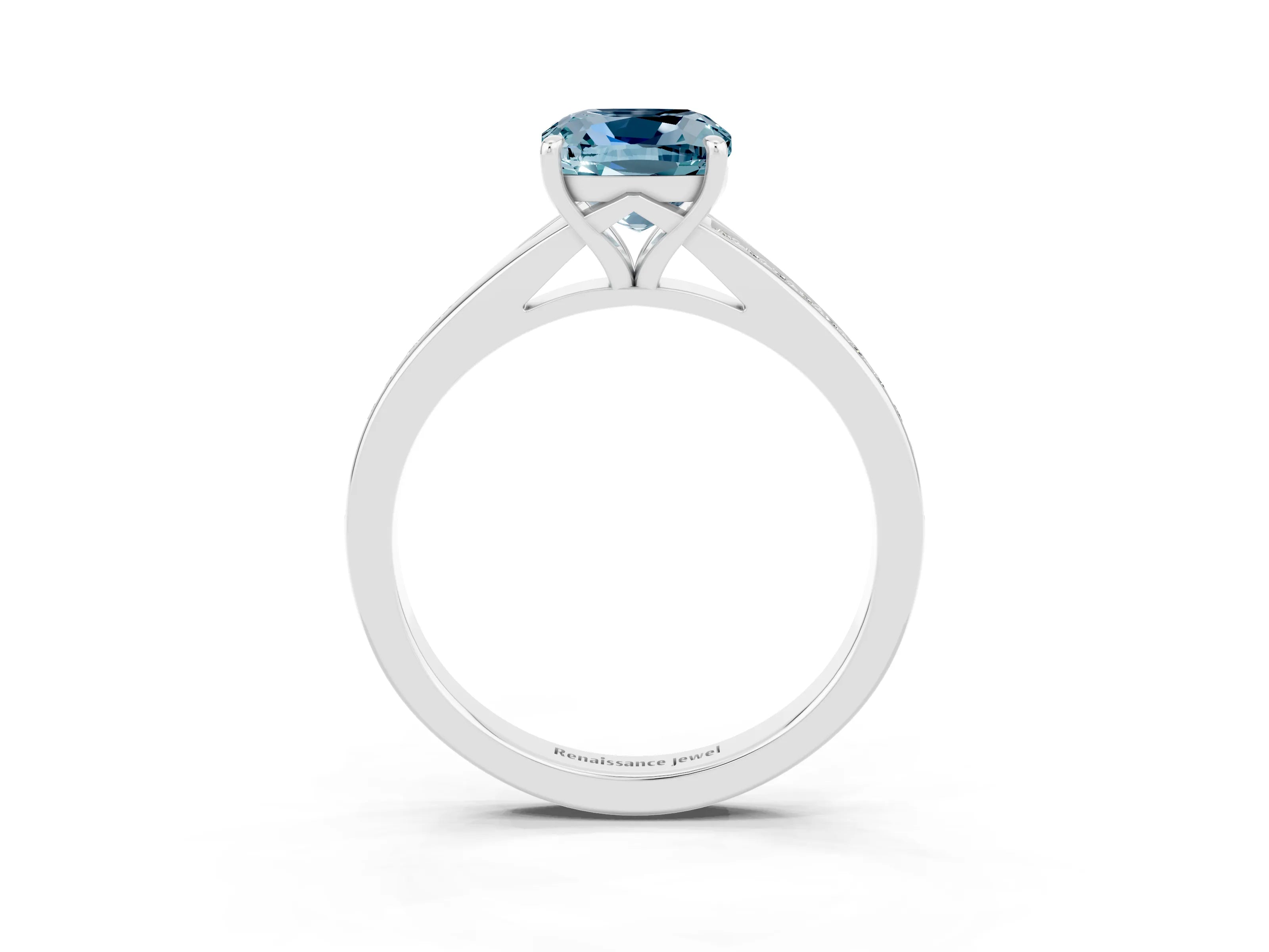 Silver Cushion Cut Aquamarine Solitaire Ring with Pavé Band and Prong Setting_15