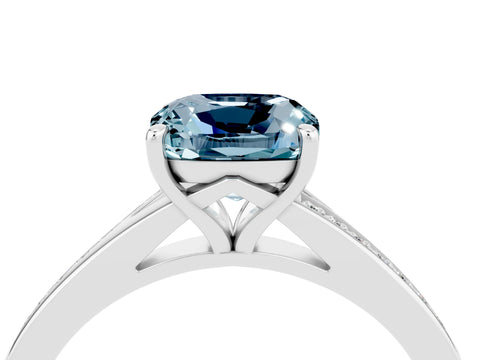 Silver Cushion Cut Aquamarine Solitaire Ring with Pavé Band and Prong Setting_16