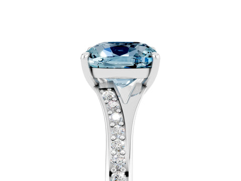Silver Cushion Cut Aquamarine Solitaire Ring with Pavé Band and Prong Setting_17
