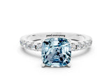 Silver Cushion Cut Aquamarine Solitaire Ring with Round  Pavé Band and Four-Prong Setting_36