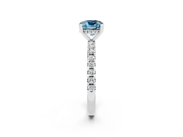 Silver Cushion Cut Aquamarine Solitaire Ring with Round Pavé Band and Four-Prong Setting
