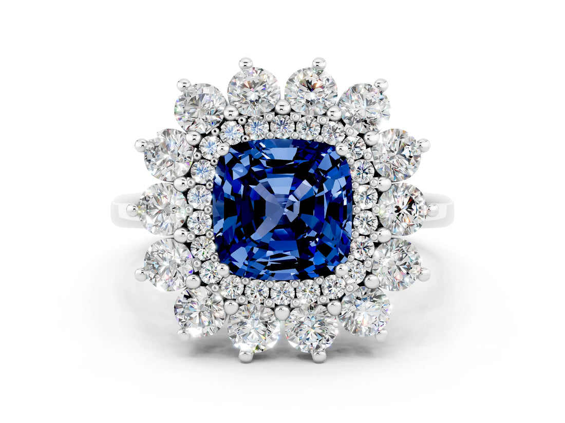 Silver Cushion Cut Blue Sapphire Floral Double Halo Engagement Ring with Prong Setting_163