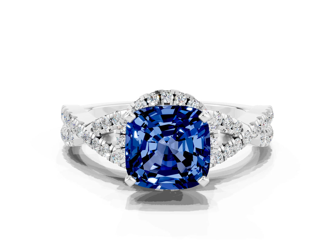 Silver Cushion Cut Blue Sapphire  Halo Twist Band Solitaire Prong Setting Ring_12