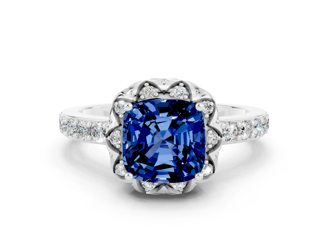 Silver Cushion Cut Blue Sapphire Scalloped Halo Engagement Ring with Round Shared Prong Band_78