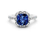 Silver Cushion Cut Blue Sapphire Scalloped Halo Engagement Ring with Round Shared Prong Band_78