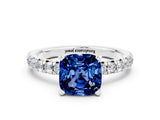 Silver Cushion Cut Blue Sapphire Solitaire Pavé Engagement Ring with Round Band and Prong Setting_108