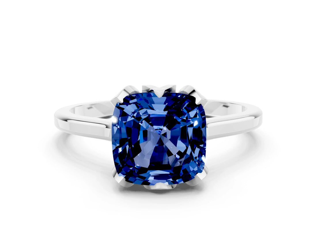 Silver Cushion Cut Blue Sapphire Solitaire Ring with Flower Prong Setting and Classic Band