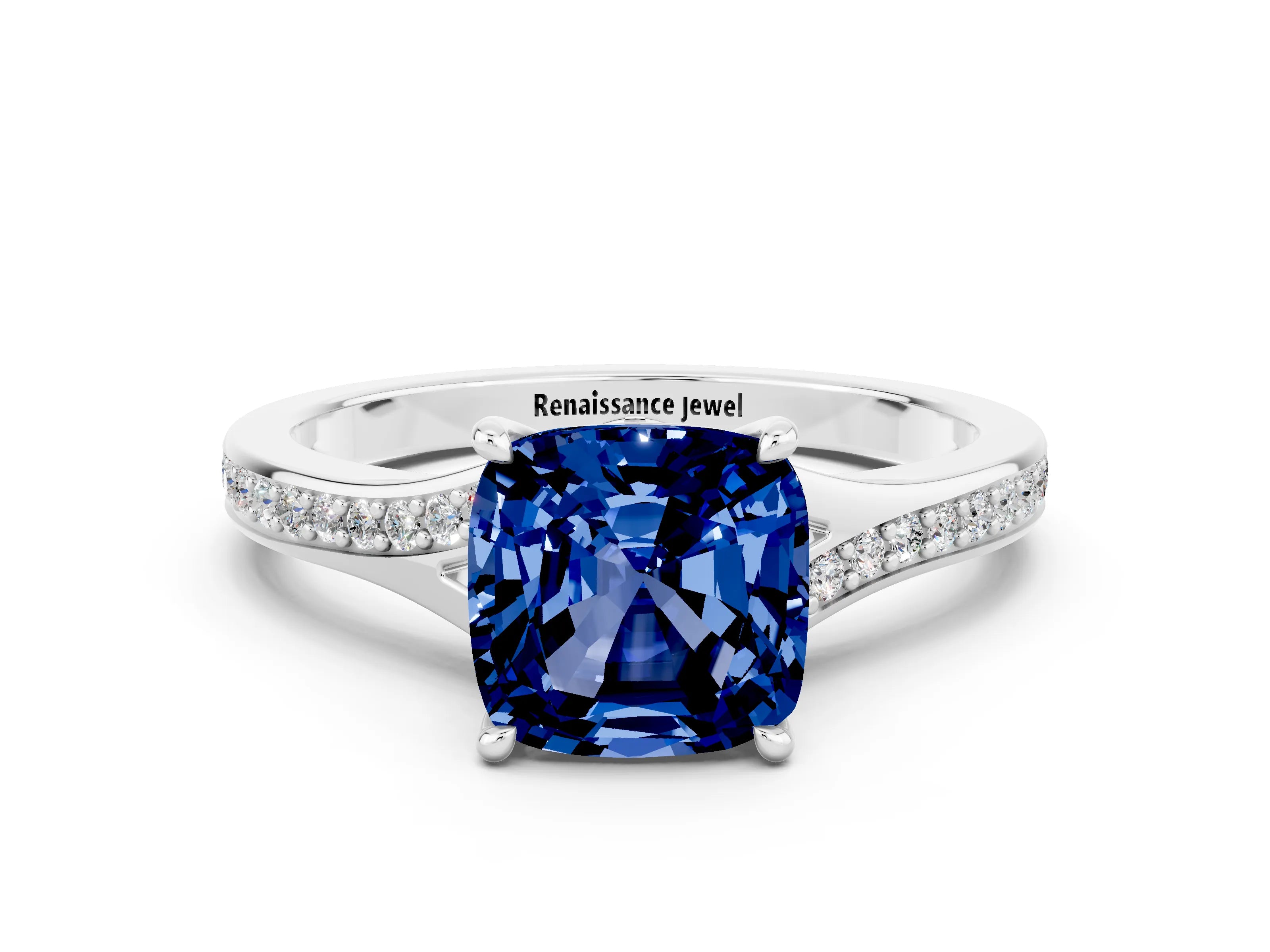 Silver Cushion Cut Blue Sapphire Solitaire Ring with Pavé Band and Prong Setting_12
