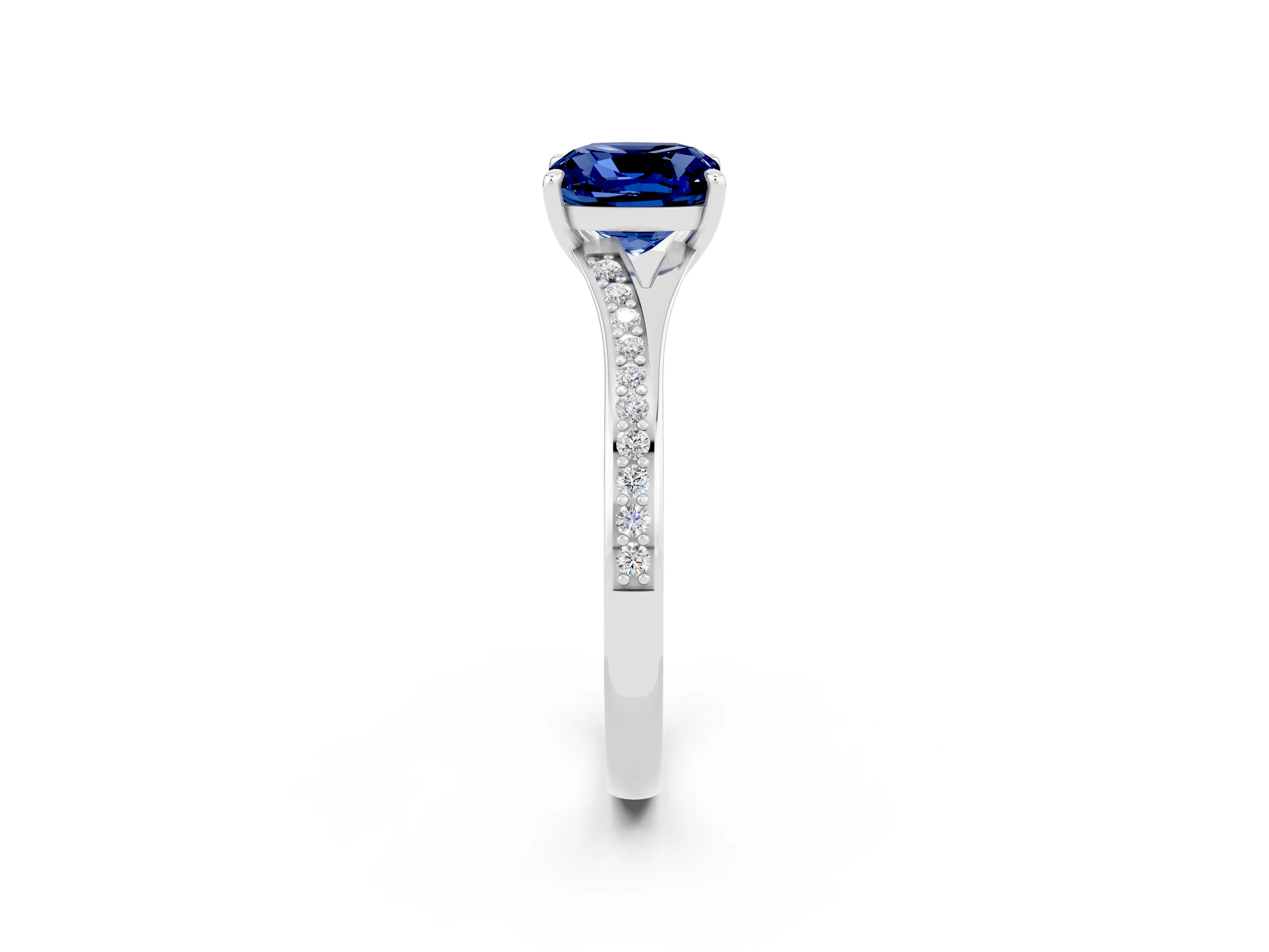Silver Cushion Cut Blue Sapphire Solitaire Ring with Pavé Band and Prong Setting_14