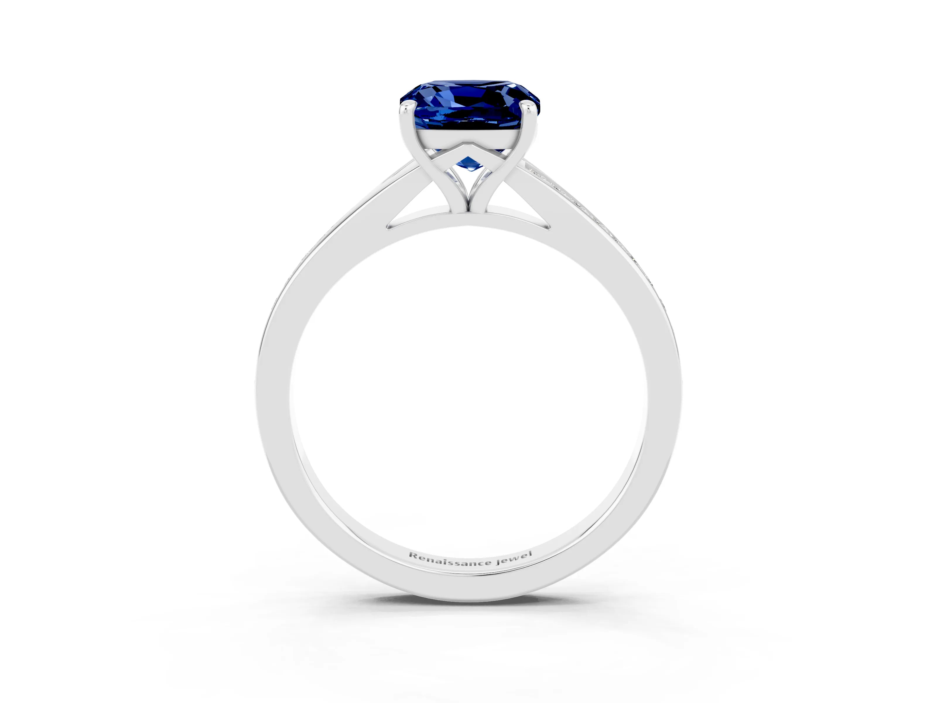 Silver Cushion Cut Blue Sapphire Solitaire Ring with Pavé Band and Prong Setting_15
