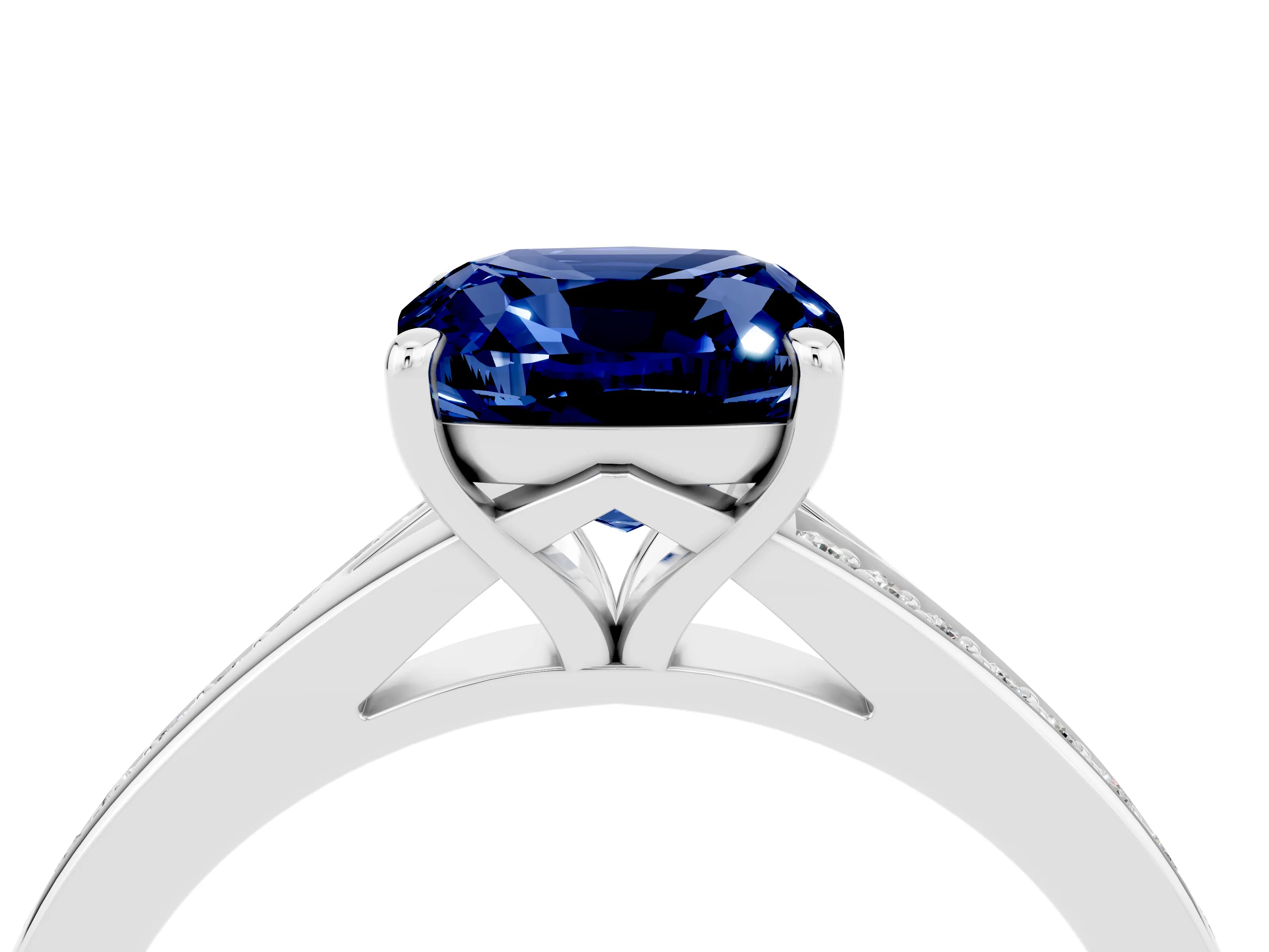 Silver Cushion Cut Blue Sapphire Solitaire Ring with Pavé Band and Prong Setting_16
