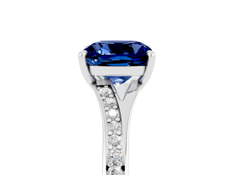 Silver Cushion Cut Blue Sapphire Solitaire Ring with Pavé Band and Prong Setting_17