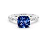 Silver Cushion Cut Blue Sapphire Solitaire Ring with Round  Pavé Band and Four-Prong Setting_36