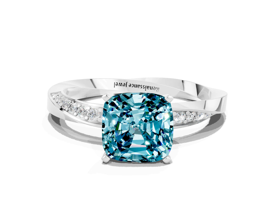 Silver Cushion Cut Blue Topaz Engagement Ring with Side Stone Accents and Four-Prong Setting_12