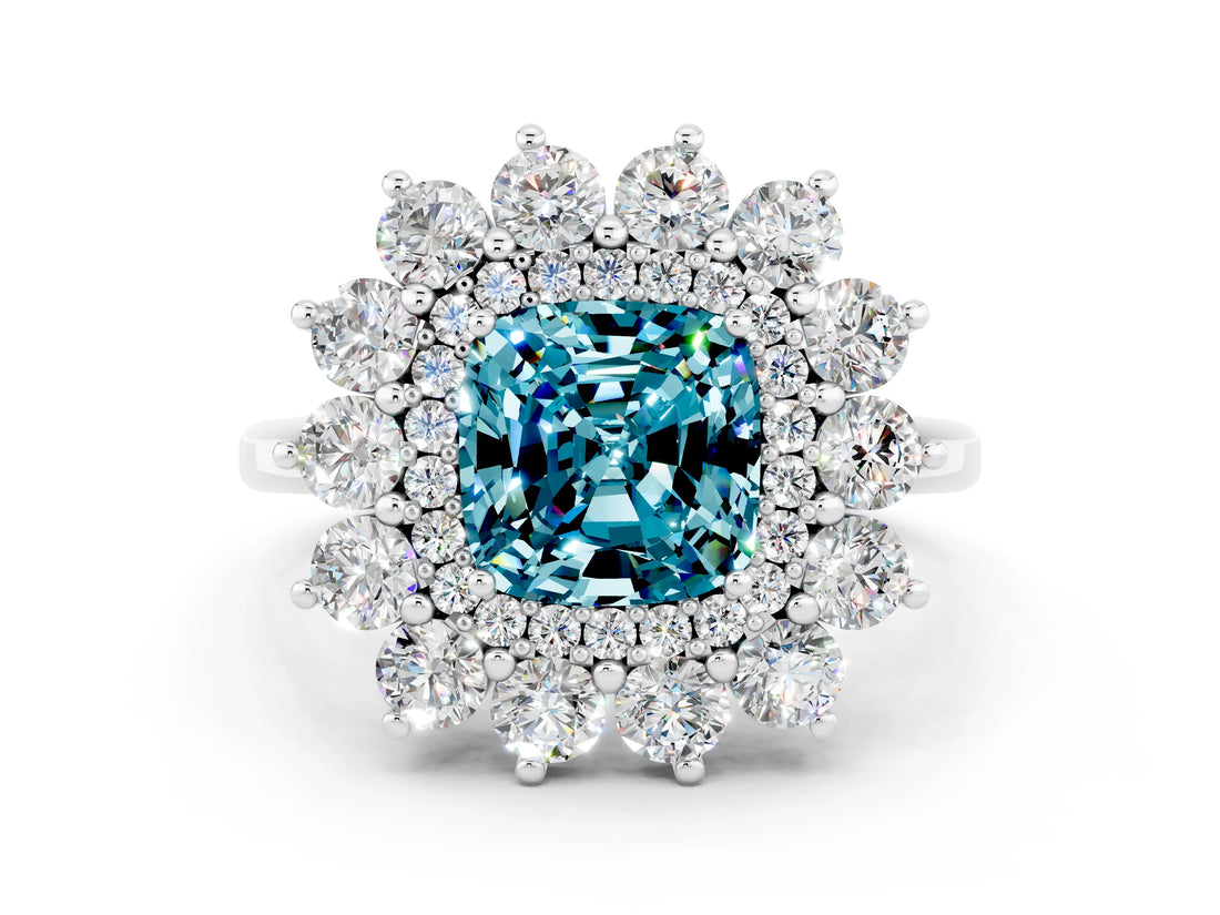 Silver Cushion Cut Blue Topaz Floral Double Halo Engagement Ring with Prong Setting_139