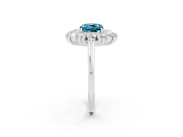 Silver Cushion Cut Blue Topaz Floral Double Halo Engagement Ring with Prong Setting