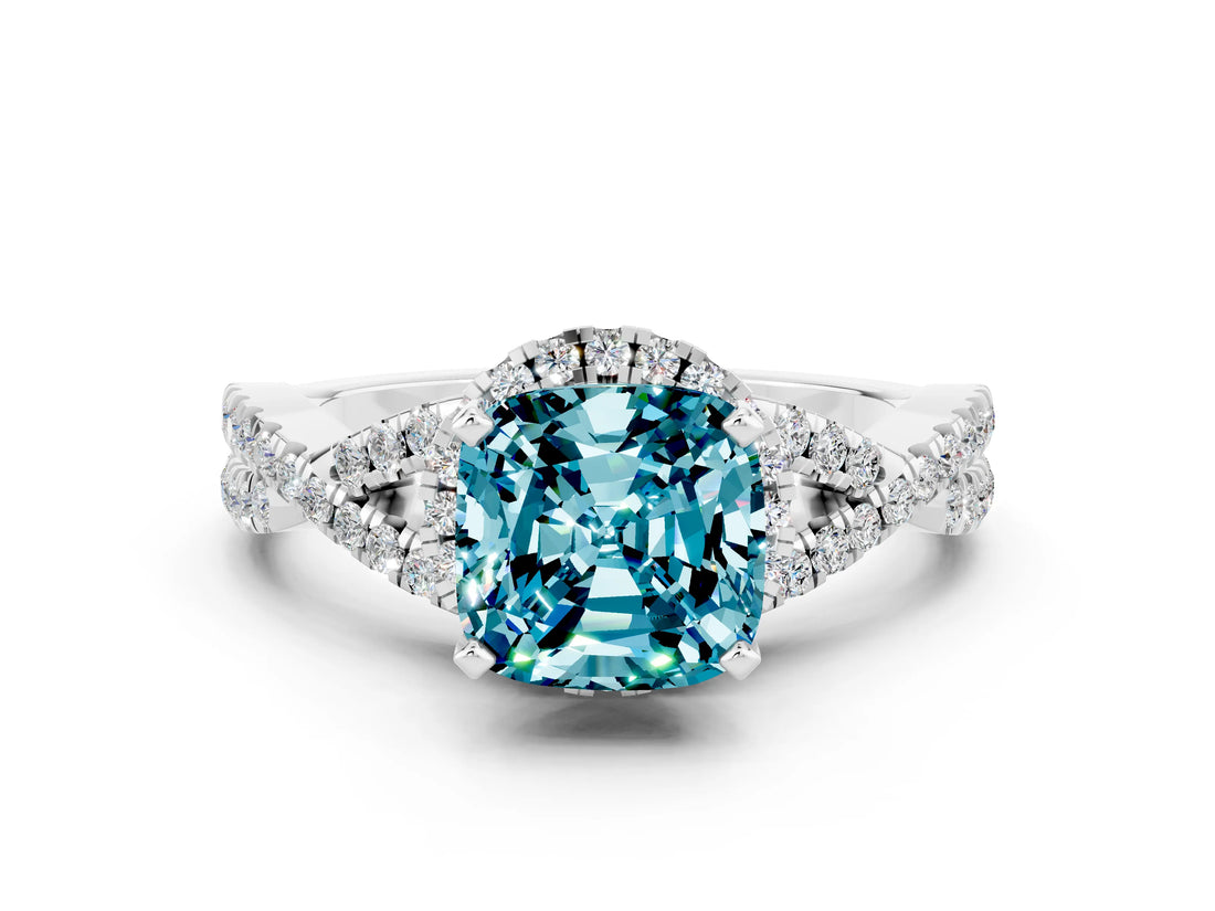 Silver Cushion Cut Blue Topaz  Halo Twist Band Solitaire Prong Setting Ring_12