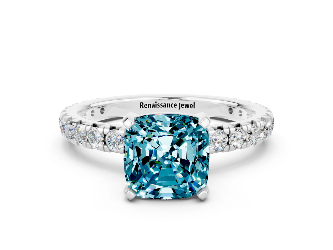 Silver Cushion Cut Blue Topaz Pavé Solitaire Ring with Round Band and Prong Setting_42