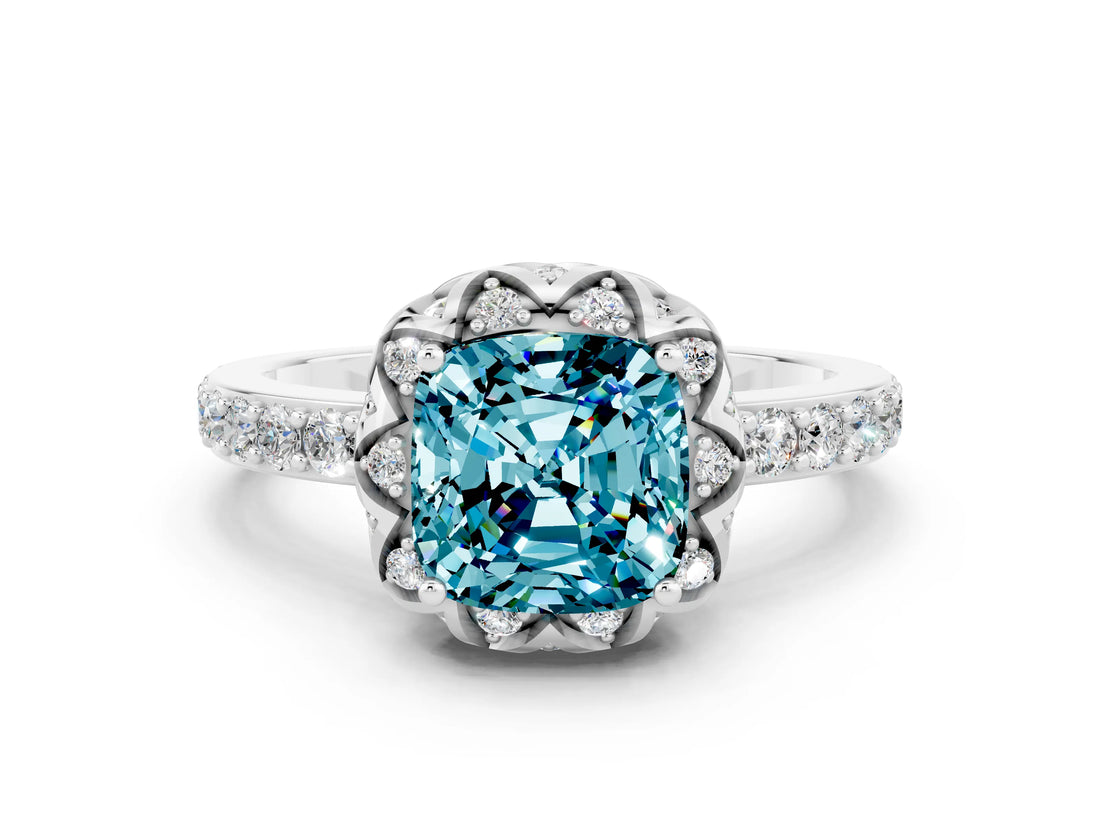 Silver Cushion Cut Blue Topaz Scalloped Halo Engagement Ring with Round Shared Prong Band_54