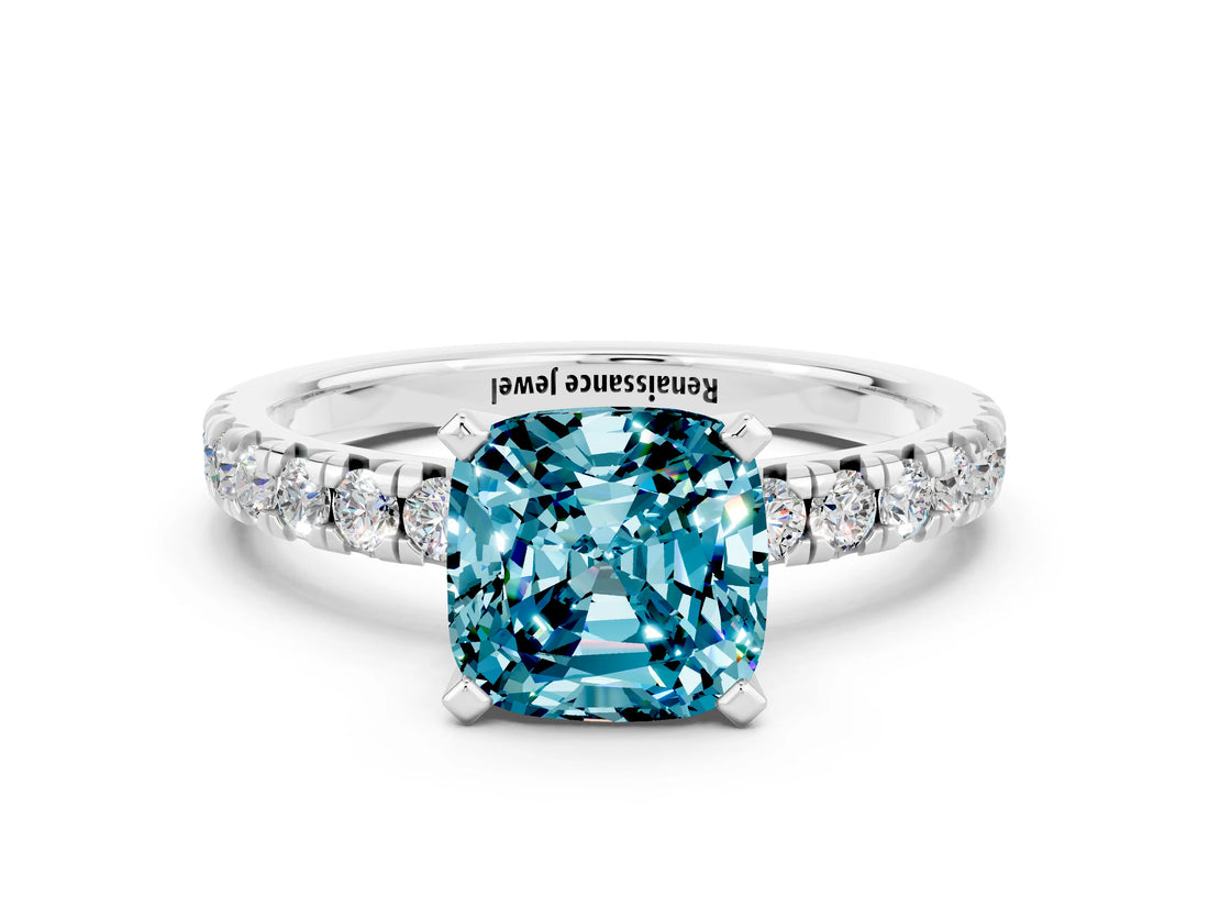 Silver Cushion Cut Blue Topaz Solitaire Pavé Engagement Ring with Round Band and Prong Setting_103