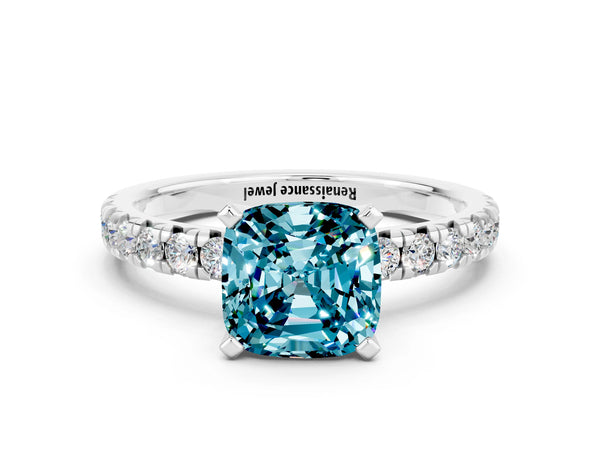 Silver Cushion Cut Blue Topaz Solitaire Pavé Engagement Ring with Round Band and Prong Setting