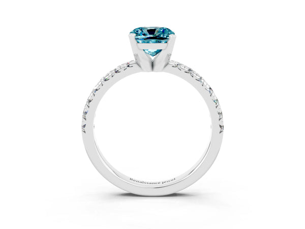 Silver Cushion Cut Blue Topaz Solitaire Pavé Engagement Ring with Round Band and Prong Setting