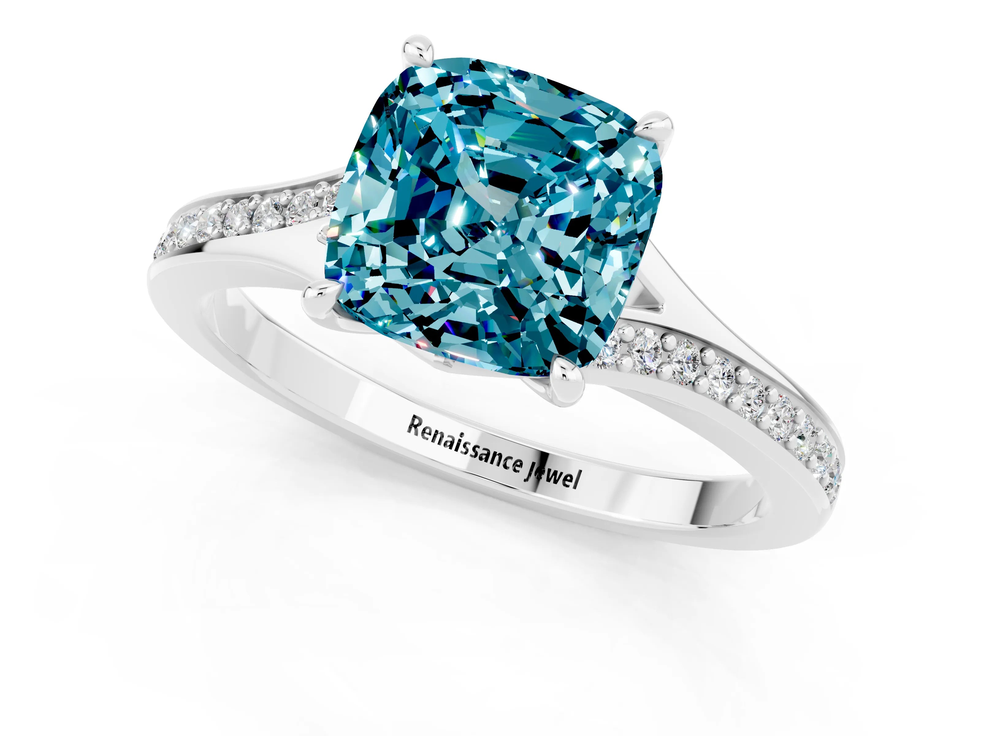 Silver Cushion Cut Blue Topaz Solitaire Ring with Pavé Band and Prong Setting_13