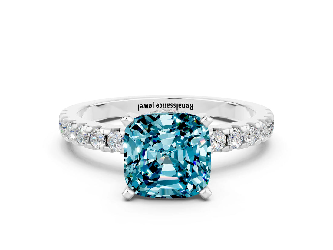 Silver Cushion Cut Blue Topaz Solitaire Ring with Round  Pavé Band and Four-Prong Setting_24
