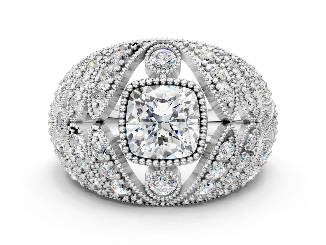 Silver Cushion Cut Brilliant Halo Pave Diamond Milgrain Ring_13