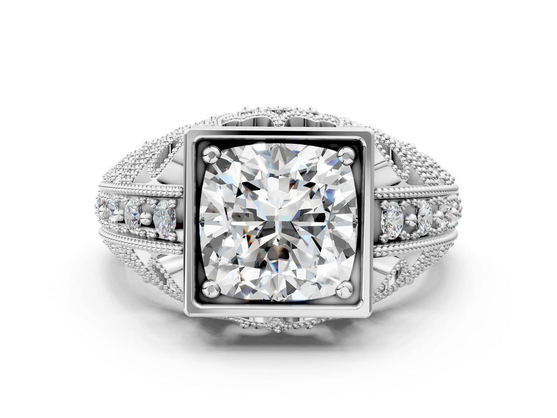 Silver Cushion Cut Brilliant Milgrain Filigree Diamond Ring with Square Prong Setting_13