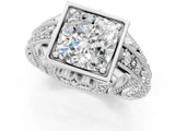 Silver Cushion Cut Brilliant Milgrain Filigree Diamond Ring with Square Prong Setting_14