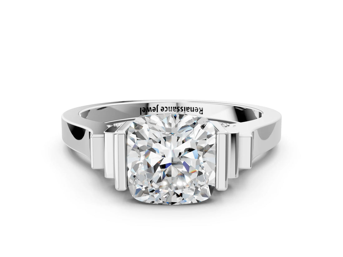Silver Cushion Cut Brilliant Solitaire Diamond Ring with Channel Set Band and Bar Prong Setting_18
