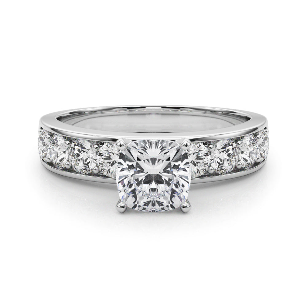 Silver Cushion Cut Channel Set Diamond Engagement Ring with Four-Prong Setting