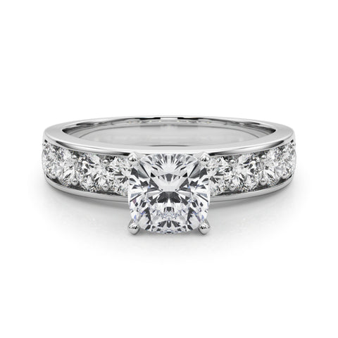 Silver Cushion Cut Channel Set Diamond Engagement Ring with Four-Prong Setting