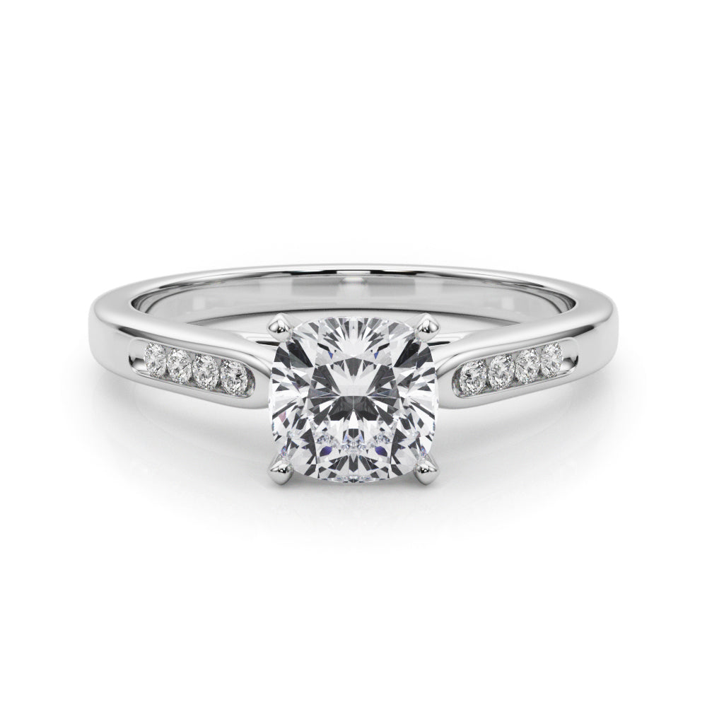 Silver Cushion Cut Channel Set Solitaire Engagement Ring with Four-Prong Setting