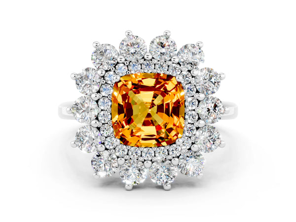 Silver Cushion Cut Citrine Floral Double Halo Engagement Ring with Prong Setting