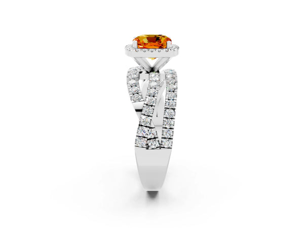Silver Cushion Cut Citrine Halo Ring with Round Split Shank and Prong Setting